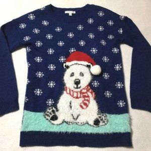Notations Fuzzy Polar Bear Snowflake Blue Sweater